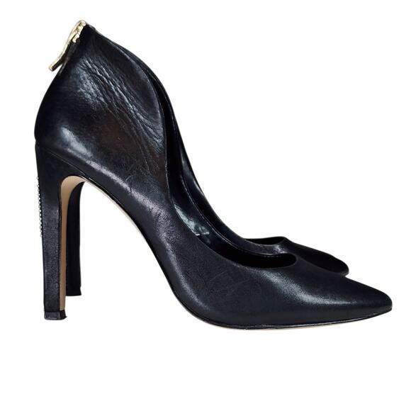 BDBGeneration Pump sz 6 Women‎ Conrad Stilleto Heel Black Leather Gold Zipper 4" - Picture 2 of 12